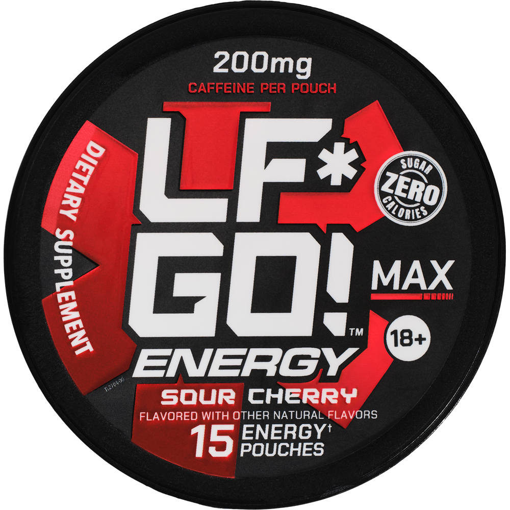 Image of a can containing 15 LFGO Sour Cherry pre-workout caffeine pouches.