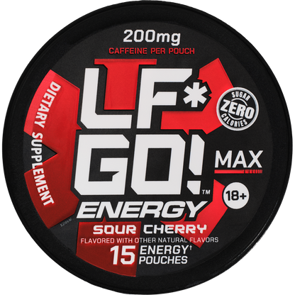 Image of a can containing 15 LFGO Sour Cherry pre-workout caffeine pouches.